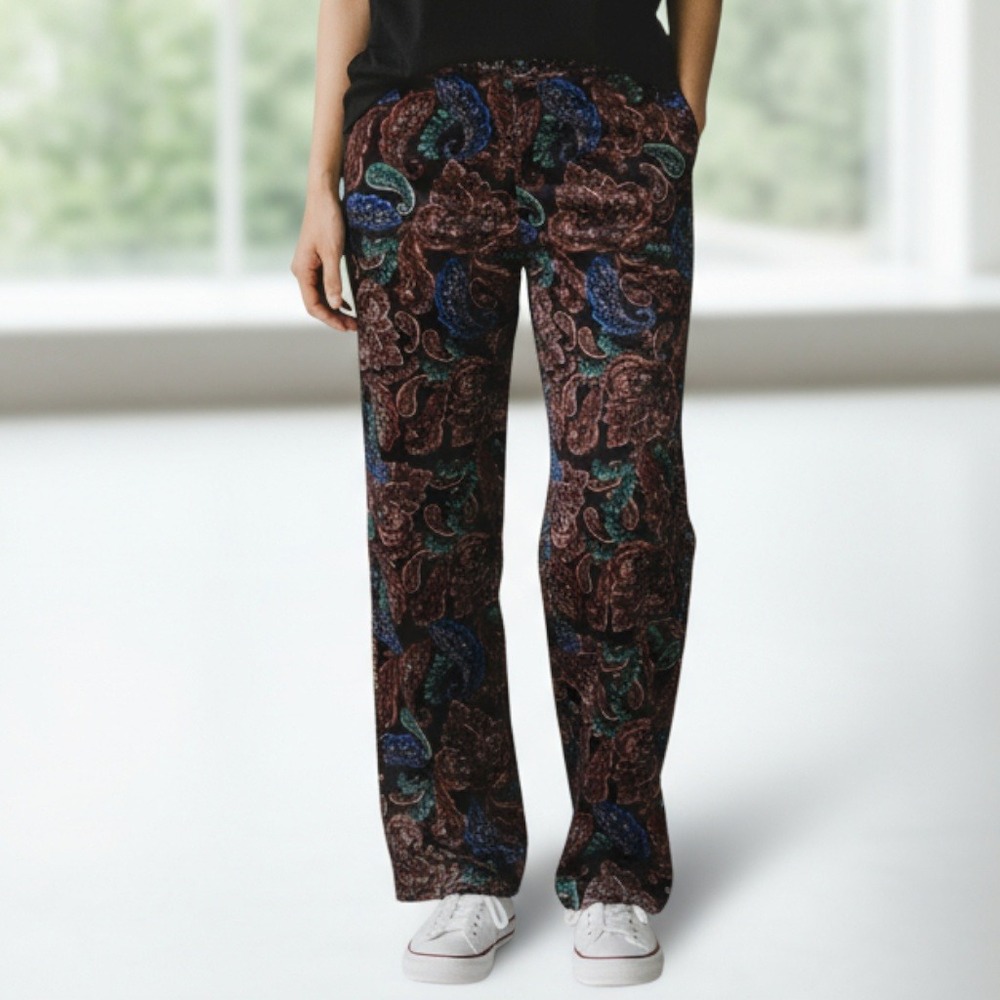 Joan Rivers Black Wide Leg Pull On Velvet Paisley Vintage Whimsy Pants Small